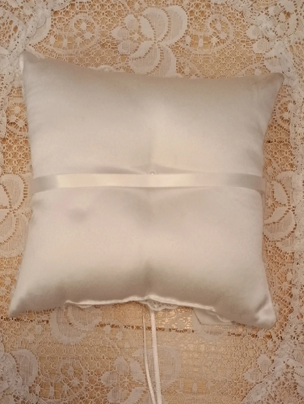 Ivory Lace Ring Bearer Pillow with Bow and Pearl Accent - Picture 2 of 3